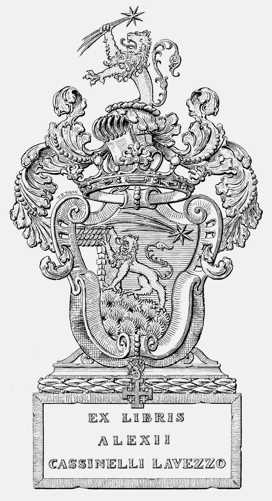 Heraldic bookplate of Professor Alessio Cassinelli Lavezzo - artist Tudor-Radu TIRON