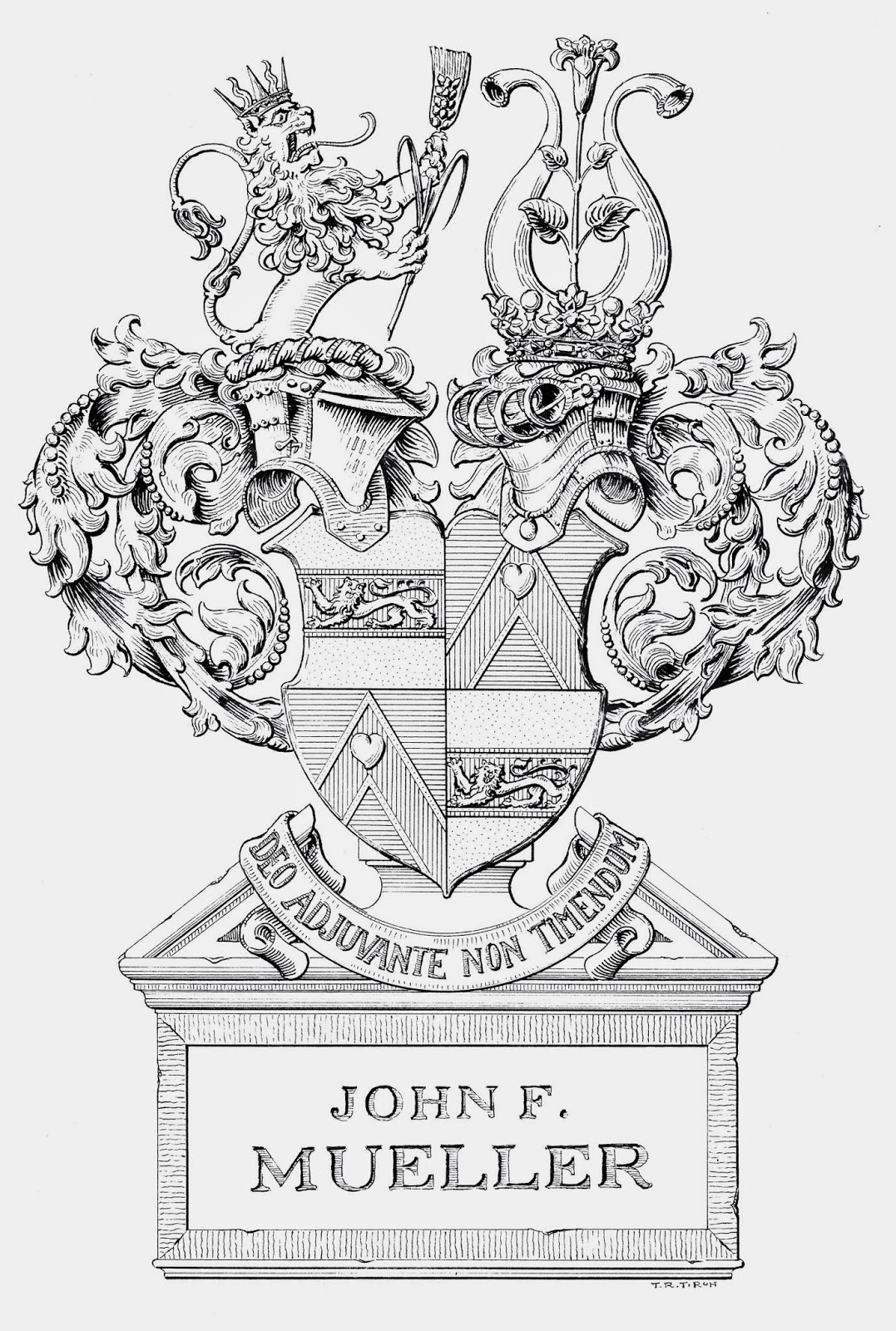 Armorial bookplate of John F. Mueller - artist Tudor-Radu TIRON﻿